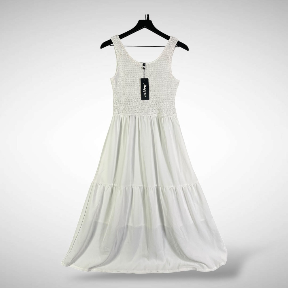 White Smocked Tiered Maxi Dress Sleeveless Beach Vacation Sundress Maggeer M New - Picture 2 of 16